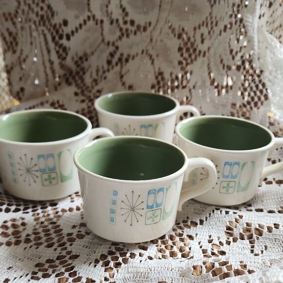 Vintage Set Of 4 Cathay Atomic Starburst Pattern MCM Coffee Mugs - Picture 3 of 7